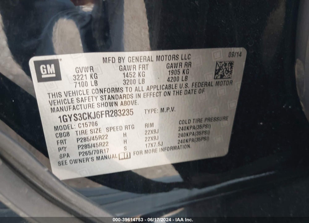 2015 CADILLAC ESCALADE PREMIUM VIN: 1GYS3CKJ6FR283235