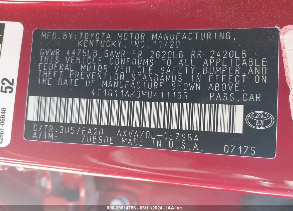 2021 TOYOTA CAMRY SE VIN: 4T1G11AK3MU411193