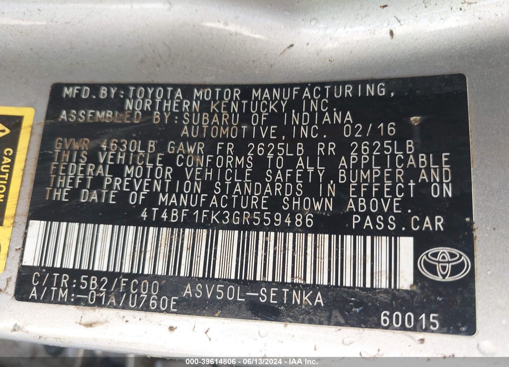 2016 TOYOTA CAMRY LE VIN: 4T4BF1FK3GR559486