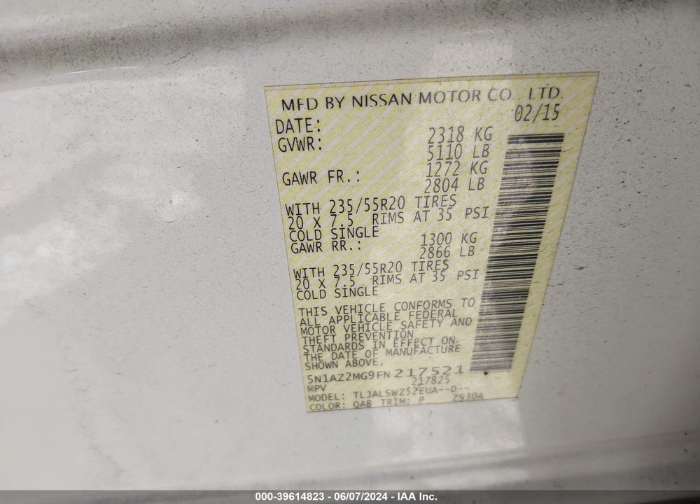 2015 NISSAN MURANO PLATINUM VIN: 5N1AZ2MG9FN217521