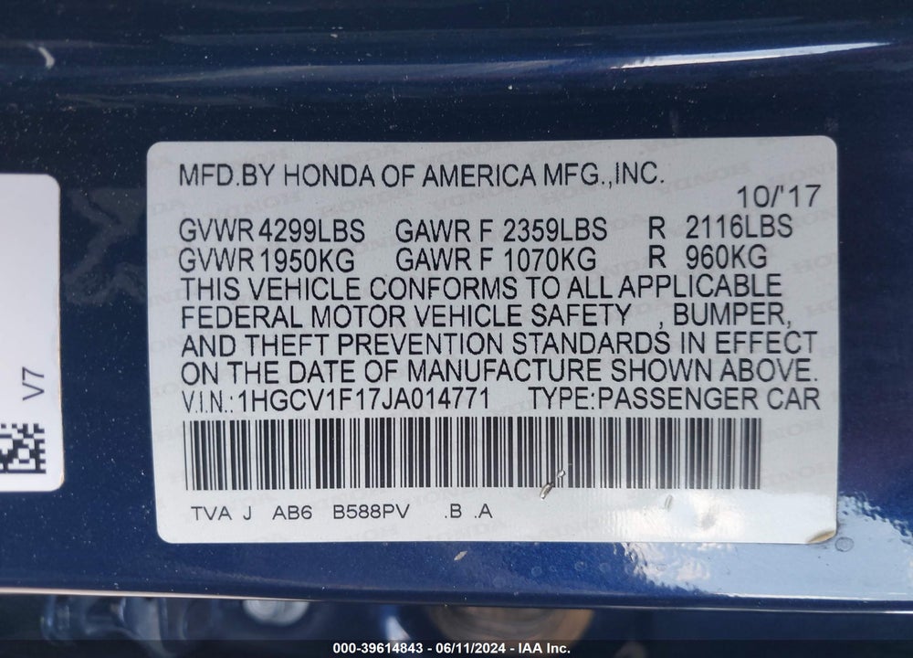 2018 HONDA ACCORD LX VIN: 1HGCV1F17JA014771