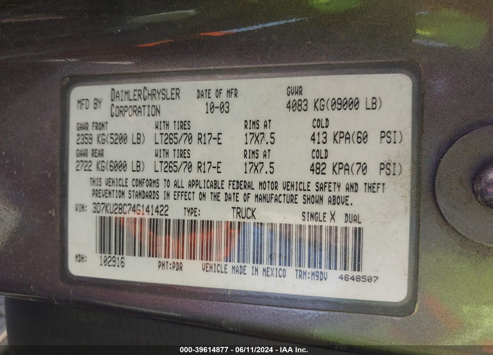 2004 DODGE RAM 2500 VIN: 3D7KU28C74G141422