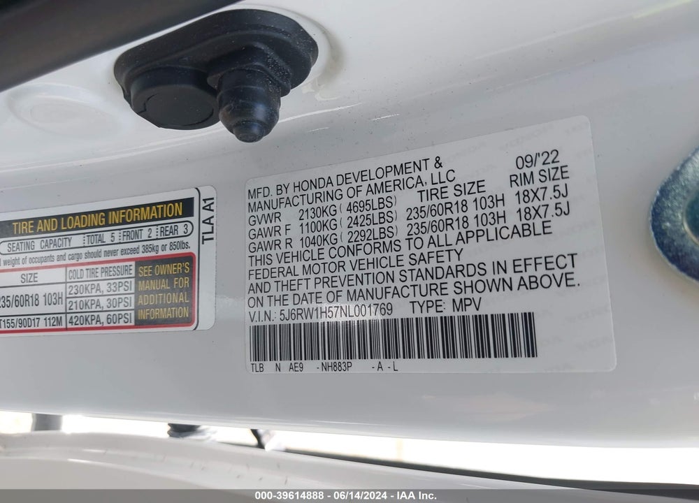 2022 HONDA CR-V 2WD EX VIN: 5J6RW1H57NL001769