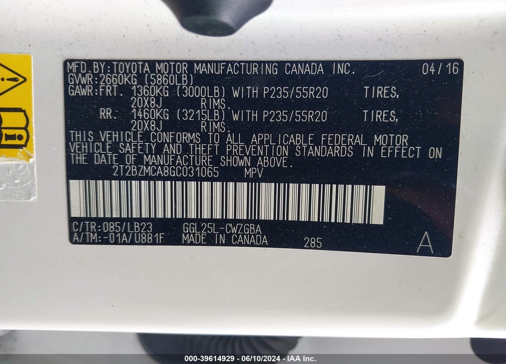 2016 LEXUS RX 350 VIN: 2T2BZMCA8GC031065
