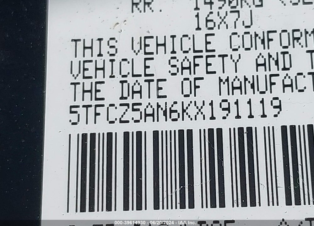 2019 TOYOTA TACOMA TRD PRO VIN: 5TFCZ5AN6KX191119