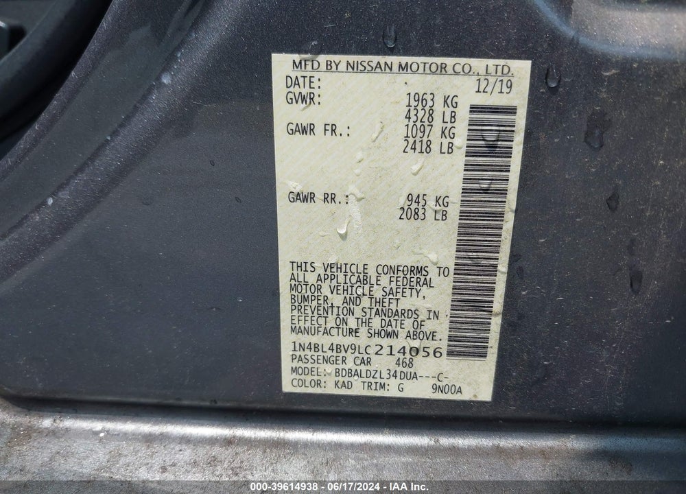 2020 NISSAN ALTIMA S FWD VIN: 1N4BL4BV9LC214056