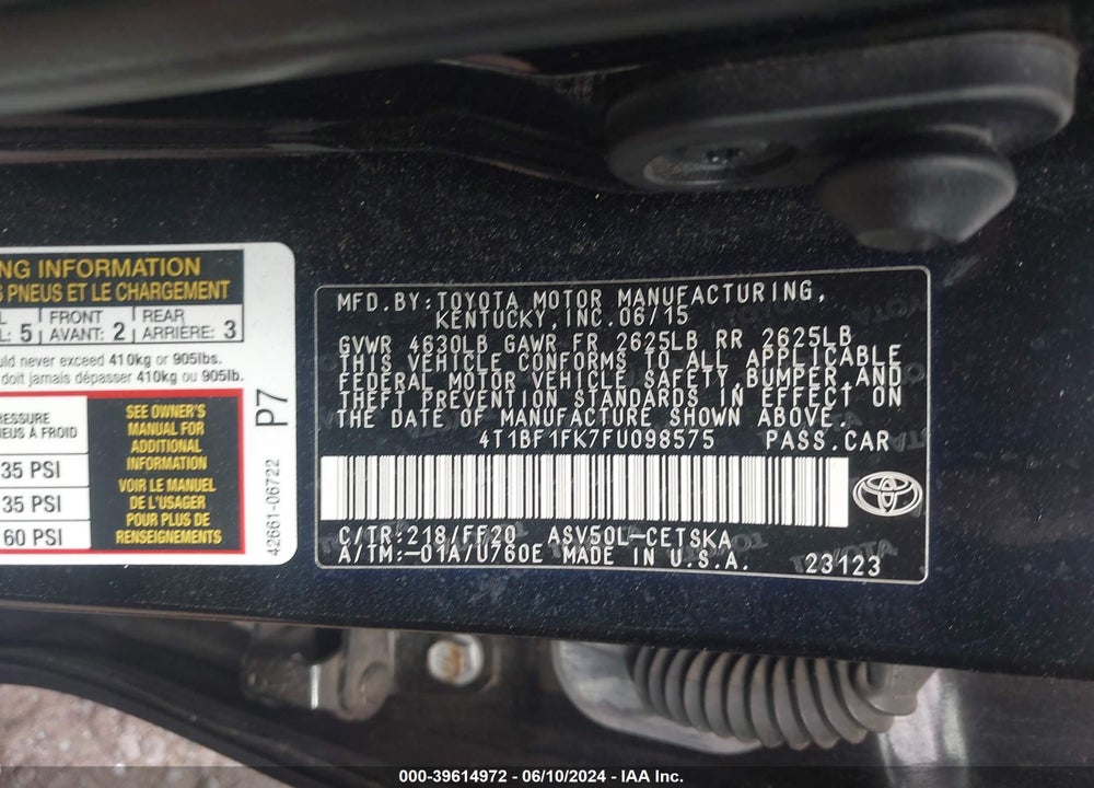 2015 TOYOTA CAMRY SE VIN: 4T1BF1FK7FU098575