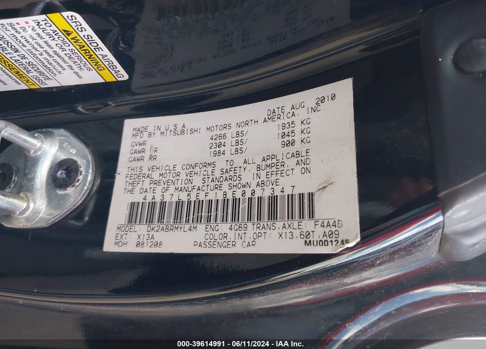 2011 MITSUBISHI ECLIPSE SPYDER GS SPORT VIN: 4A37L5EF1BE007347