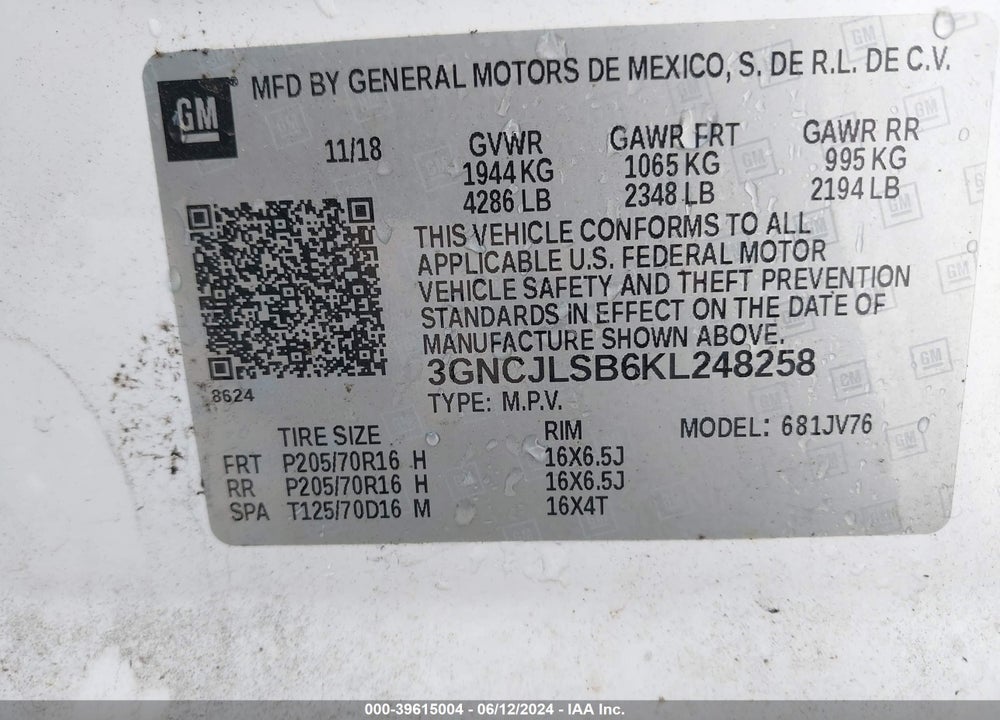 2019 CHEVROLET TRAX LT VIN: 3GNCJLSB6KL248258