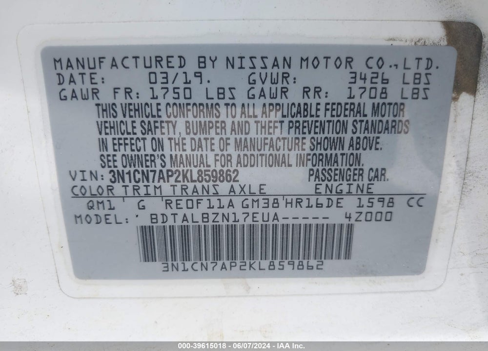 2019 NISSAN VERSA 1.6 SV VIN: 3N1CN7AP2KL859862