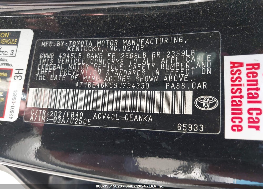 2009 TOYOTA CAMRY VIN: 4T1BE46K59U794330