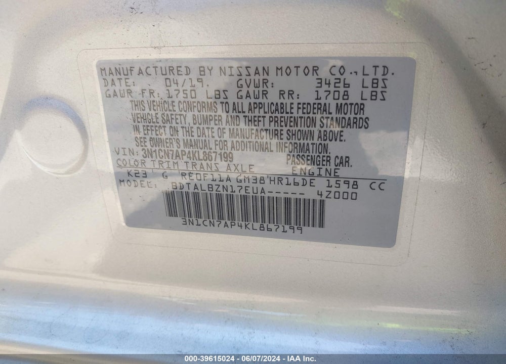 2019 NISSAN VERSA 1.6 SV VIN: 3N1CN7AP4KL867199