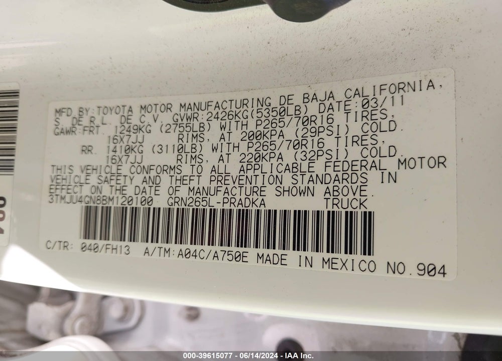 2011 TOYOTA TACOMA PRERUNNER V6 VIN: 3TMJU4GN8BM120100