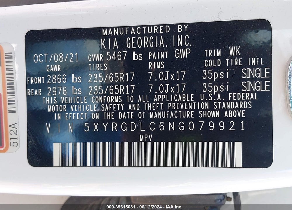 2022 KIA SORENTO LX VIN: 5XYRGDLC6NG079921