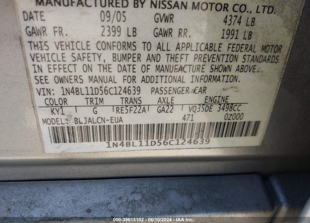 2006 NISSAN ALTIMA 3.5 SE VIN: 1N4BL11D56C124639