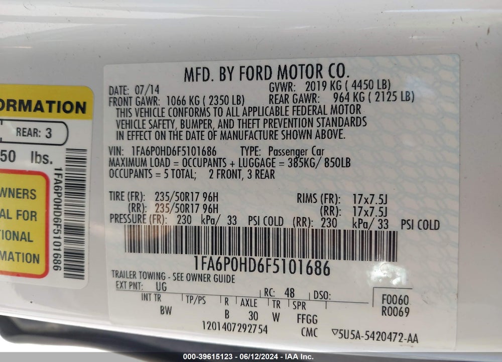2015 FORD FUSION SE VIN: 1FA6P0HD6F5101686