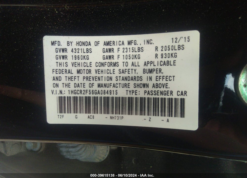 2016 HONDA ACCORD SPORT VIN: 1HGCR2F56GA084915