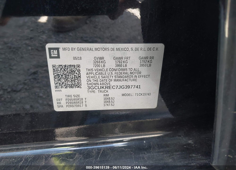 2018 CHEVROLET SILVERADO 1500 1LT VIN: 3GCUKREC7JG397741
