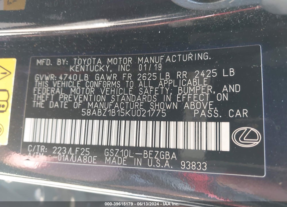 2019 LEXUS ES 350 F-SPORT VIN: 58ABZ1B15KU021775