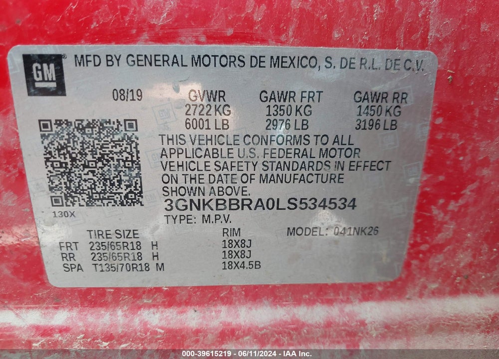 2020 CHEVROLET BLAZER FWD 1LT VIN: 3GNKBBRA0LS534534