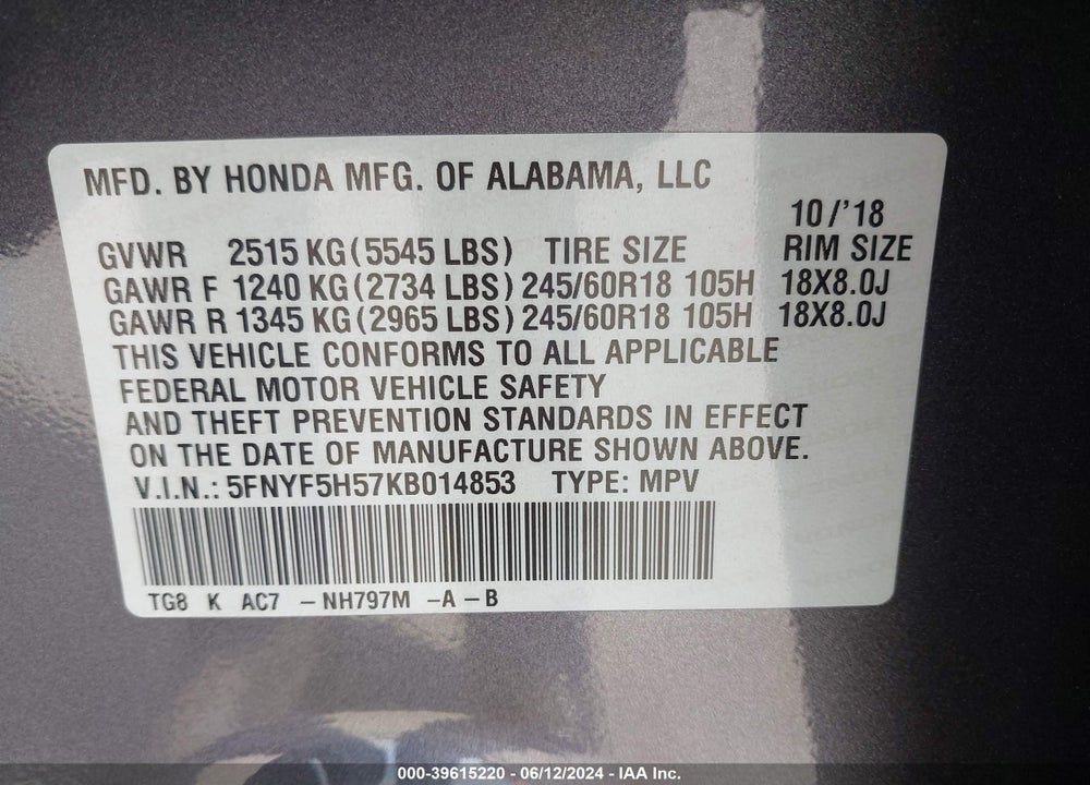 2019 HONDA PILOT EX-L VIN: 5FNYF5H57KB014853