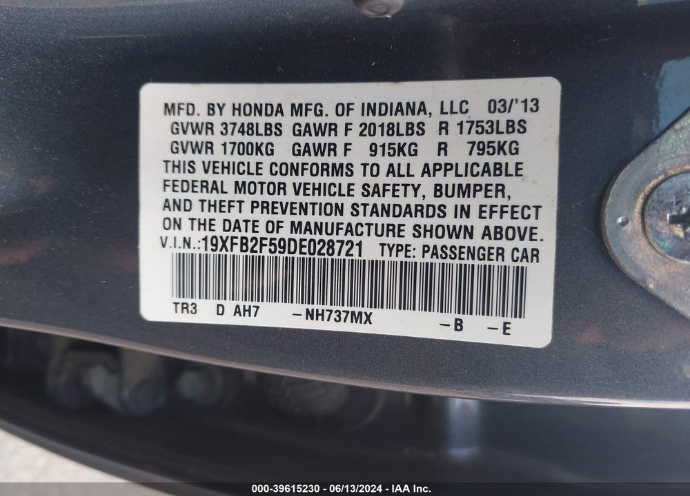 2013 HONDA CIVIC LX VIN: 19XFB2F59DE028721