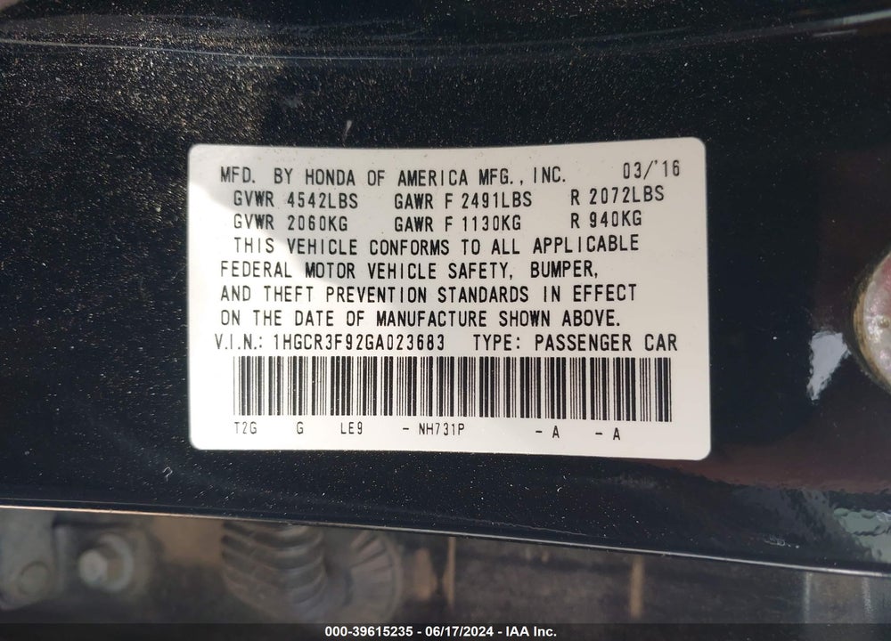 2016 HONDA ACCORD TOURING VIN: 1HGCR3F92GA023683