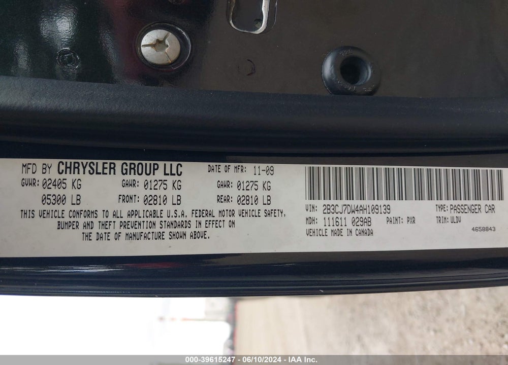 2010 DODGE CHALLENGER SRT8 VIN: 2B3CJ7DW4AH109139