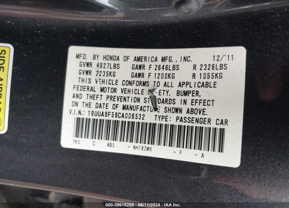 2012 ACURA TL 3.7 VIN: 19UUA9F59CA006532