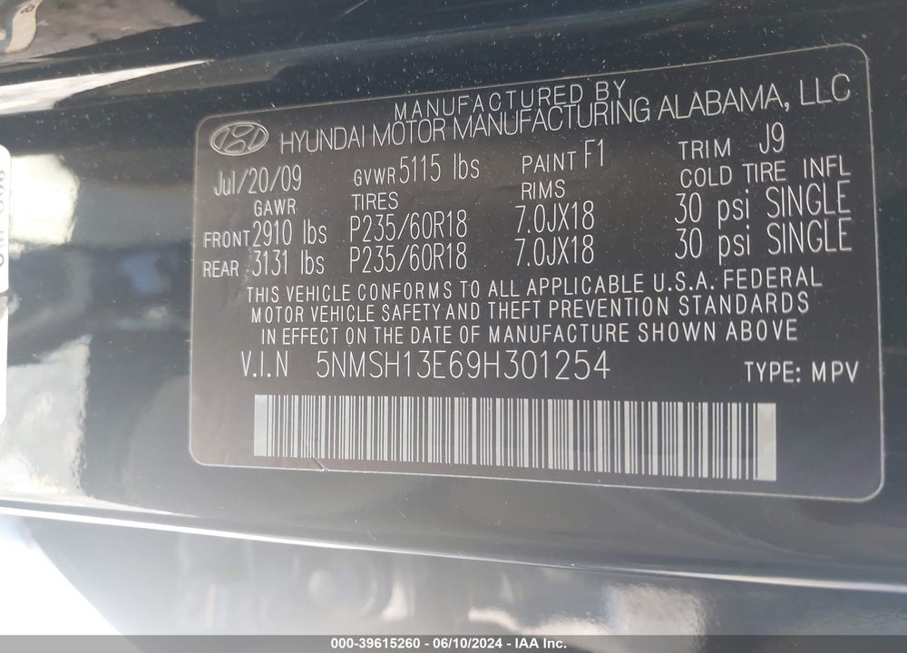 2009 HYUNDAI SANTA FE LIMITED VIN: 5NMSH13E69H301254