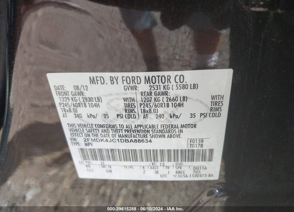 2013 FORD EDGE SEL VIN: 2FMDK4JC1DBA88634