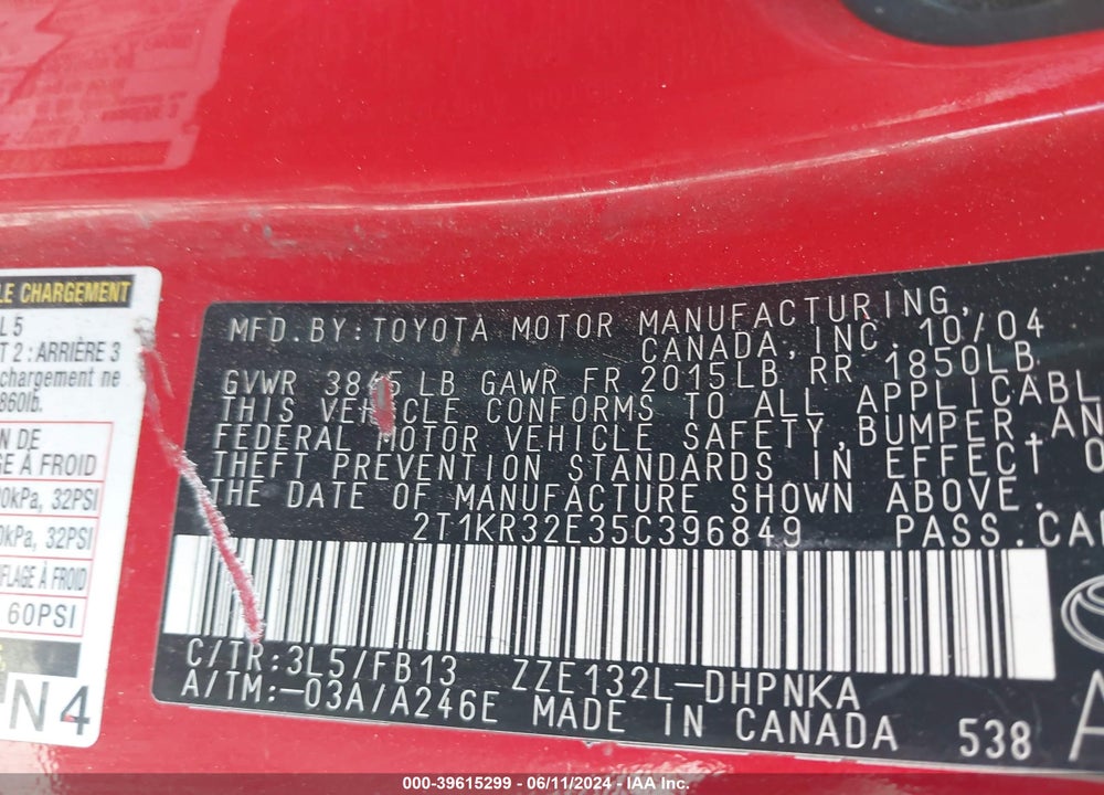 2005 TOYOTA MATRIX/XR VIN: 2T1KR32E35C396849