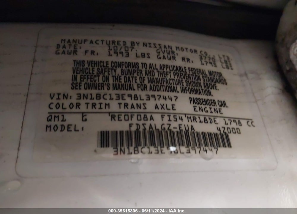 2008 NISSAN VERSA 1.8SL VIN: 3N1BC13E98L397447