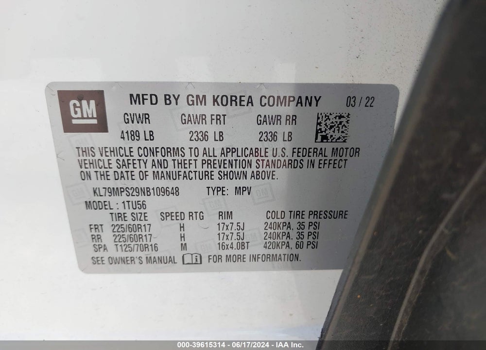 2022 CHEVROLET TRAILBLAZER FWD LT VIN: KL79MPS29NB109648