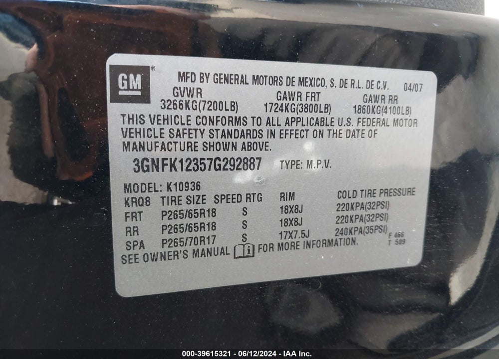 2007 CHEVROLET AVALANCHE 1500 LT VIN: 3GNFK12357G292887