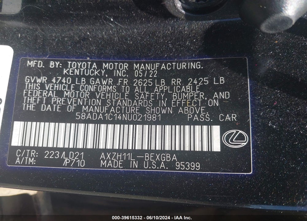 2022 LEXUS ES 300H VIN: 58ADA1C14NU021981