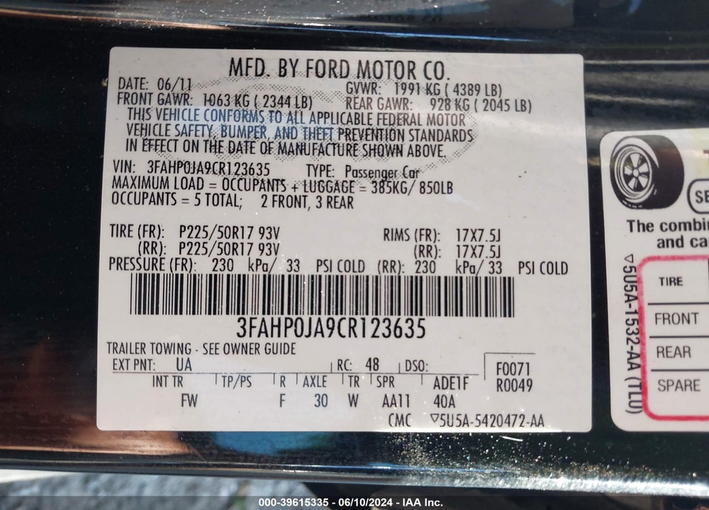 2012 FORD FUSION SEL VIN: 3FAHP0JA9CR123635