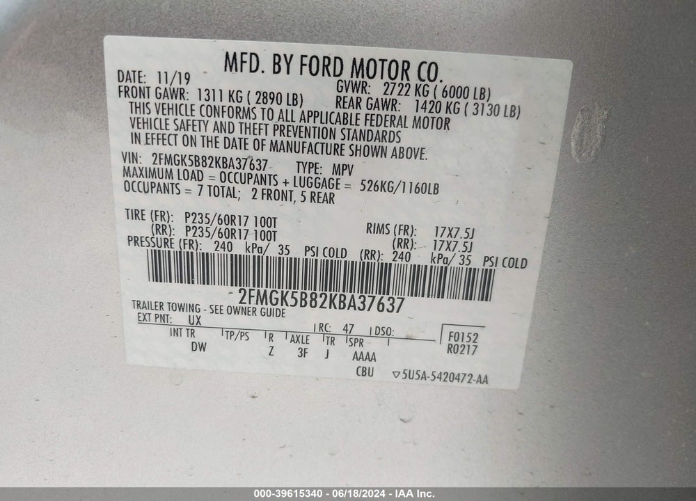 2019 FORD FLEX SE VIN: 2FMGK5B82KBA37637