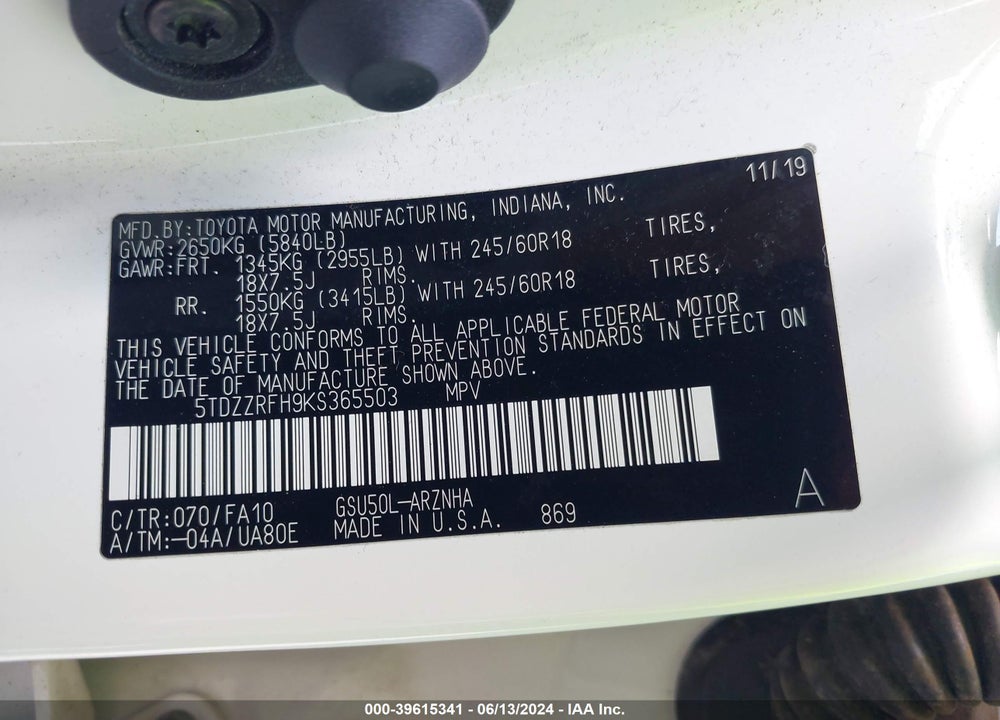 2019 TOYOTA HIGHLANDER LE PLUS VIN: 5TDZZRFH9KS365503