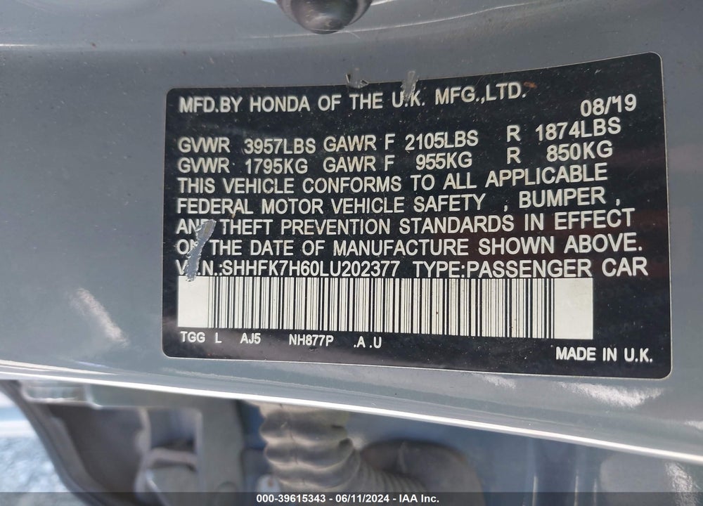 2020 HONDA CIVIC EX VIN: SHHFK7H60LU202377
