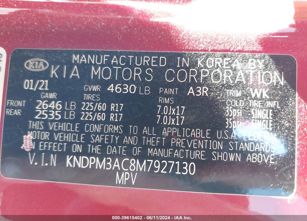 2021 KIA SPORTAGE LX VIN: KNDPM3AC8M7927130