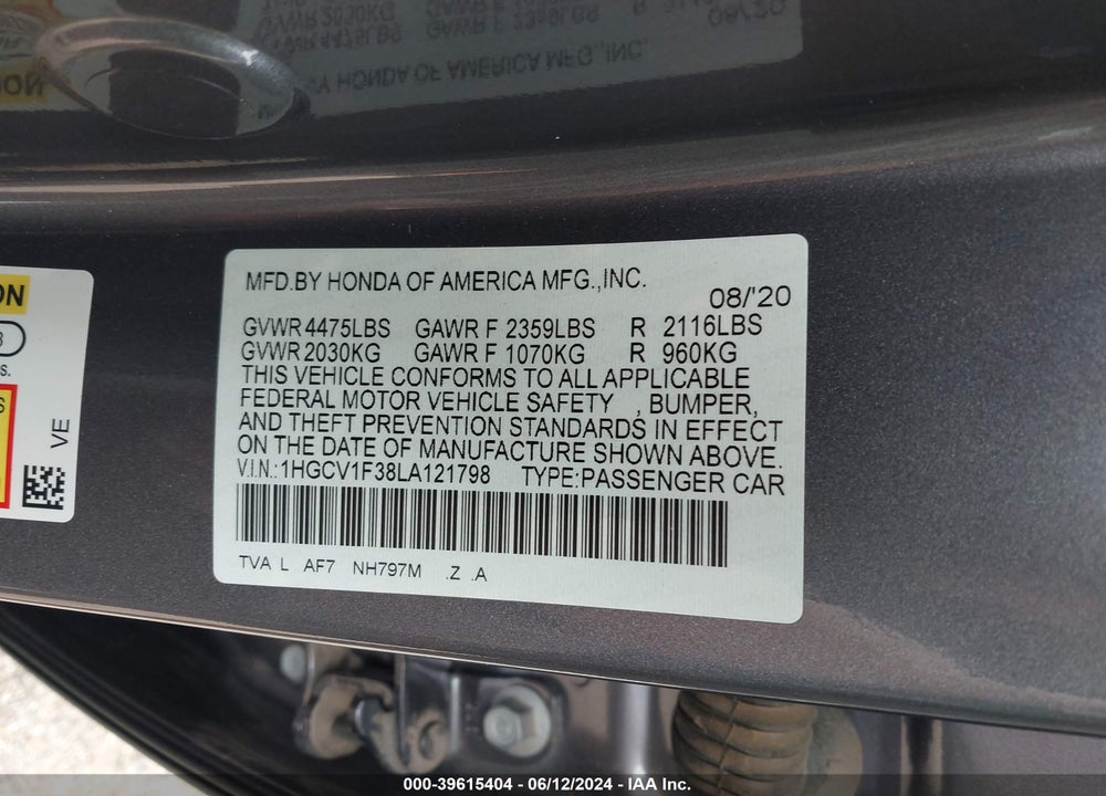 2020 HONDA ACCORD SPORT VIN: 1HGCV1F38LA121798