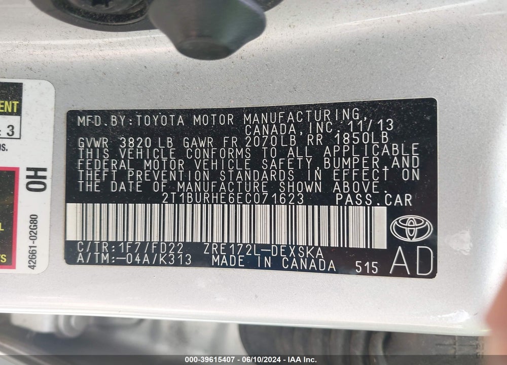 2014 TOYOTA COROLLA S PLUS VIN: 2T1BURHE6EC071623