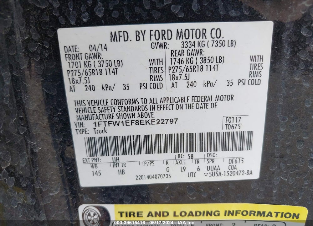 2014 FORD F-150 LARIAT VIN: 1FTFW1EF8EKE22797