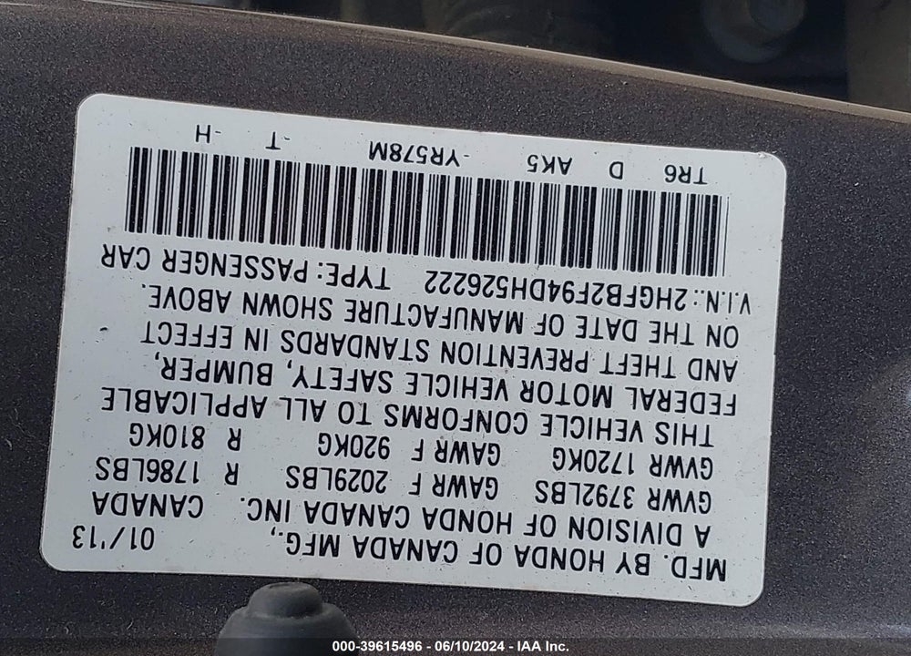 2013 HONDA CIVIC EX-L VIN: 2HGFB2F94DH526222