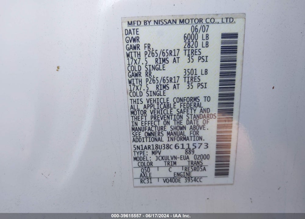 2008 NISSAN PATHFINDER LE VIN: 5N1AR18U38C611573
