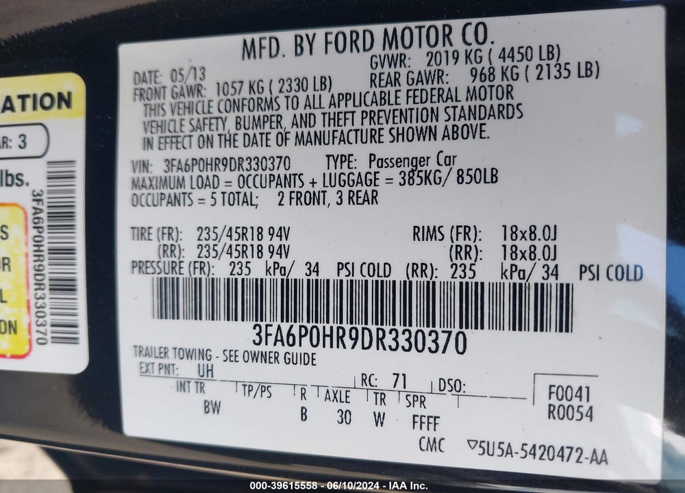 2013 FORD FUSION SE VIN: 3FA6P0HR9DR330370