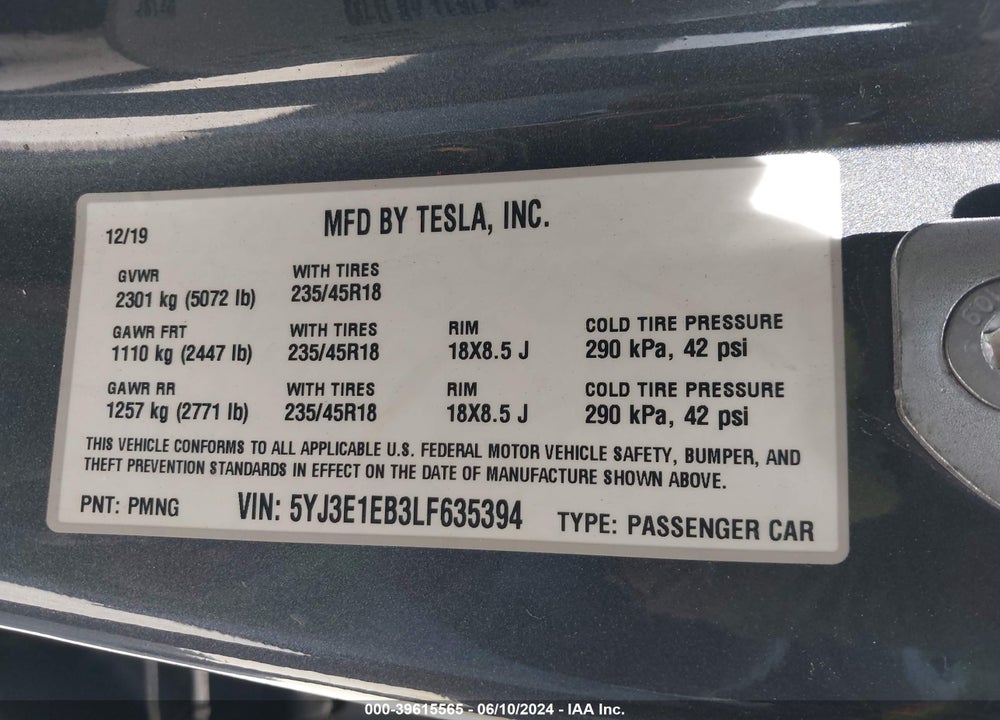2020 TESLA MODEL 3 LONG RANGE DUAL MOTOR ALL-WHEEL DRIVE VIN: 5YJ3E1EB3LF635394