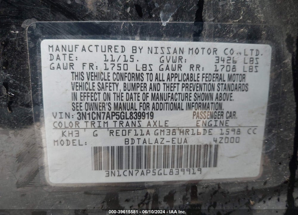 2016 NISSAN VERSA 1.6 S+ VIN: 3N1CN7AP5GL839919