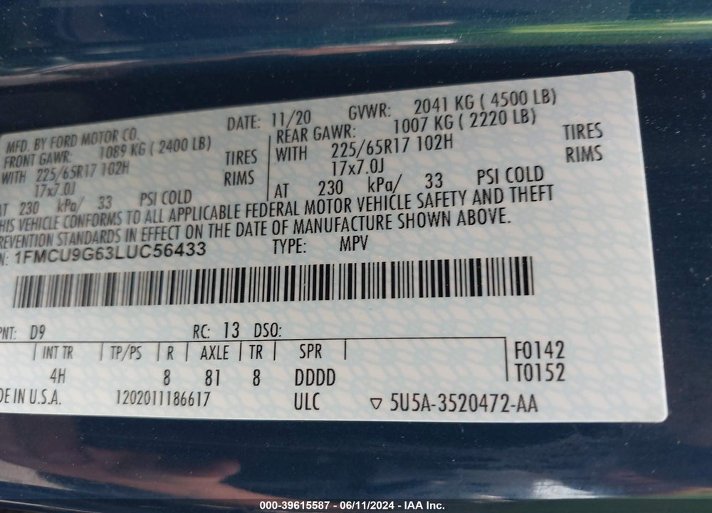2020 FORD ESCAPE SE VIN: 1FMCU9G63LUC56433